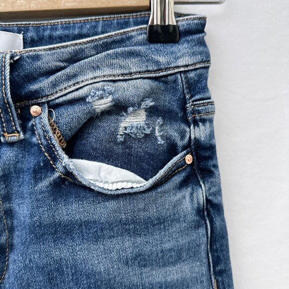 Mica Super Hi Rise Straight Leg Denim Jeans Mid-Wash Distressed Raw Hem Women 24 - Picture 10 of 16